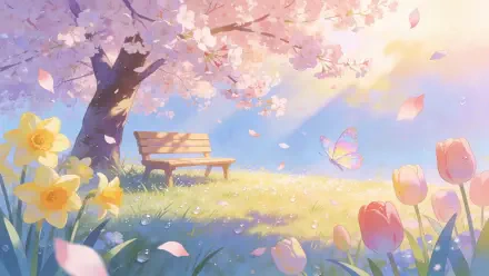 Pastel spring 4K Ultra HD PC desktop wallpaper: sunlit meadow with a cherry blossom tree, wooden bench, blooming tulips and daffodils, and a butterfly drifting among falling petals.