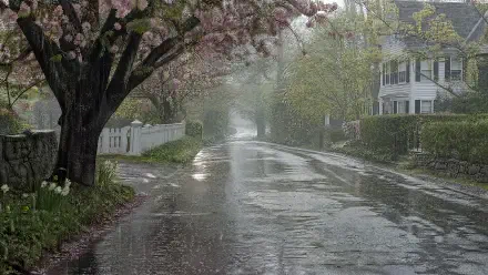 4K Ultra HD PC desktop wallpaper and background: quiet street under spring rain, wet pavement reflecting blooming trees and white houses in soft mist.