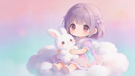 Cute pastel, cute 4K Ultra HD PC desktop wallpaper and background: chibi girl with lavender hair hugging a white bunny atop a fluffy cloud in a soft gradient pastel sky.
