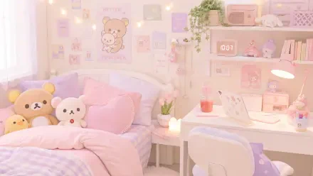 Cute pastel pink bedroom scene with plush bears on a cozy bed, tidy desk with laptop, soft fairy lights and plants — 4K Ultra HD PC desktop wallpaper and background.