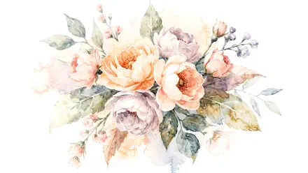 Watercolor Floral 4K Ultra HD PC desktop wallpaper and background: soft peach and blush roses with green leaves painted in delicate washes on white.