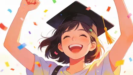 Joyful graduate wearing a graduation cap, arms raised amid colorful confetti; cheerful anime-style 4K Ultra HD PC desktop wallpaper/background.