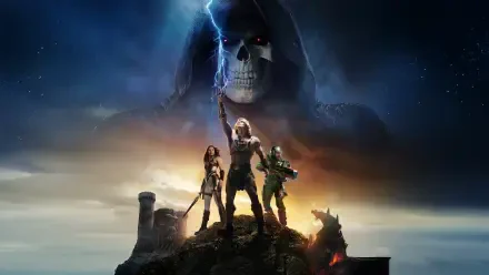 Masters of the Universe (2026) 5K Ultra HD PC wallpaper: three armored heroes on a rocky peak face a stormy sky as a giant hooded skull-faced villain looms with lightning.