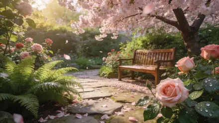4K Ultra HD PC desktop wallpaper and background — garden aesthetic: sunlit path, wooden bench, ferns and blooming roses under cherry blossoms, petals drifting in morning light.