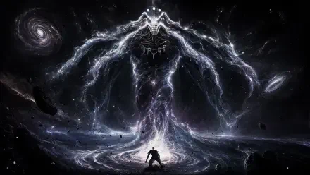 4K Ultra HD PC desktop wallpaper: Mahoraga (Jujutsu Kaisen) as a colossal, storm-made cosmic entity looming over a lone silhouetted figure amid galaxies and lightning.