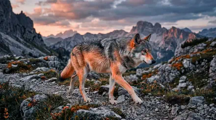 Wolf walking across a rocky alpine ridge at sunset with dramatic clouds and distant peaks — 5K Ultra HD PC desktop wallpaper/background.