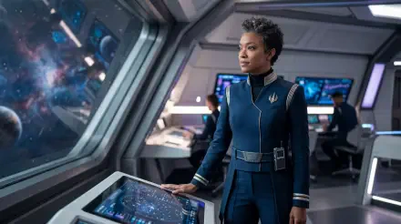 Starship captain stands on a futuristic bridge, hand on a holographic console, gazing ahead amid starfield displays — 5K Ultra HD PC desktop wallpaper background.