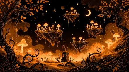 Black and orange fantasy scene, 4K Ultra HD PC desktop wallpaper and background: floating mushroom islands, glowing fungi, crescent moon and stars above a lone figure amid swirling vines.