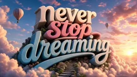 4K Ultra HD PC desktop wallpaper showing giant 3D text never stop dreaming emerging from cloud-topped stairs in a colorful sunset sky with hot air balloons.