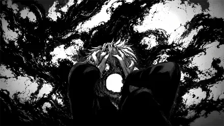 Tokyo Ghoul:re 5K Ultra HD PC desktop wallpaper/background — monochrome close-up of a ghoul with a white mask, surrounded by swirling black kagune, high-contrast horror imagery.