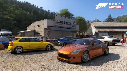 Forza Horizon 6 video game 4K Ultra HD PC desktop wallpaper: tuned orange sports car and yellow hatchback parked in a sunlit rural garage yard with trees and blue sky.