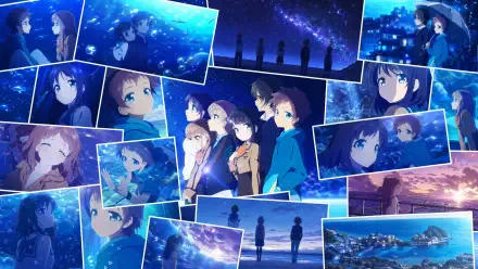 Nagi no Asukara collage of main characters under starry night skies and shimmering ocean panels — vibrant 4K Ultra HD PC desktop wallpaper and background.