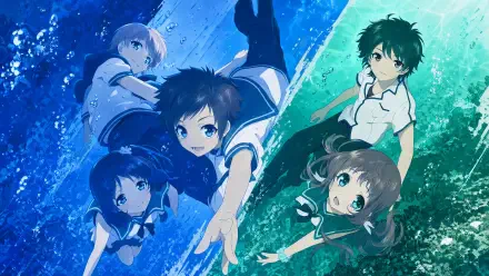Nagi no Asukara — five school-uniformed teens floating and reaching through a blue-green ocean split, dynamic 4K Ultra HD PC desktop wallpaper and background.