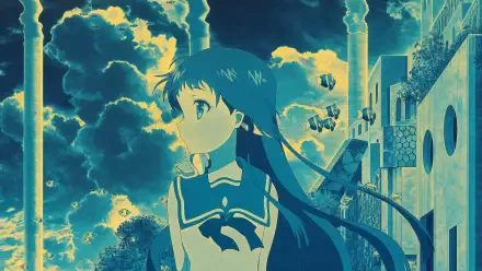 Nagi no Asukara 4K Ultra HD PC desktop wallpaper and background: serene anime girl in sailor uniform gazes at dramatic cloudy sky over seaside town with teal-blue palette.