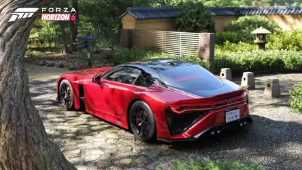 4K Ultra HD PC desktop wallpaper and background: Forza Horizon 6 video game scene featuring a glossy red supercar parked on a stone path in a sunlit Japanese garden.