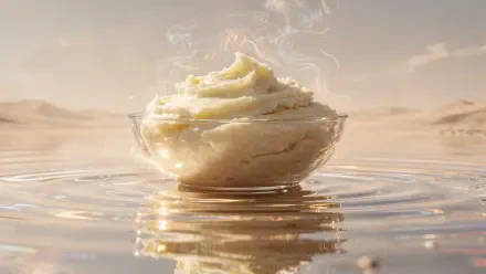 Steaming swirl of mashed potatoes in a glass bowl reflected on rippling water under a soft desert sky — 4K Ultra HD PC Desktop Wallpaper and Background.