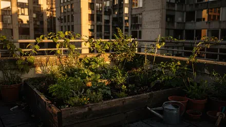 Rooftop urban gardening at golden hour: lush raised-bed herbs and vegetables with watering cans and pots against a high-rise skyline — 4K Ultra HD PC desktop wallpaper/background.