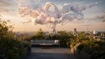 4K Ultra HD PC desktop wallpaper: rooftop garden with modern bench and lush planters overlooking a city at sunset, surreal ribbon-like cloud sculpture above.