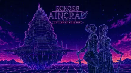 Echoes of Aincrad 4K Ultra HD PC desktop wallpaper: neon‑purple wireframe Aincrad floating above a grid, two sword‑wielding wireframe figures back‑to‑back under the title.