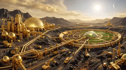 Terraforming 5K Ultra HD PC desktop wallpaper/background: golden futuristic colony with domes, radial green biosphere, roads and machines reshaping a rugged alien desert under a bright sun.