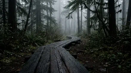 Misty forest trail: weathered wooden boardwalk winding into fog among tall evergreens and ferns — 5K Ultra HD PC desktop wallpaper/background.