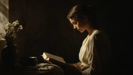 Softly lit woman reading by warm light, exuding peaceful energy — 4K Ultra HD PC desktop wallpaper background.