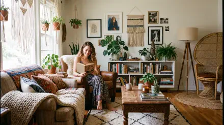 Boho interior: woman reading on a textured sofa amid plants, macramé wall hangings, woven chair and wooden shelves — 5K Ultra HD PC Desktop Wallpaper and Background.