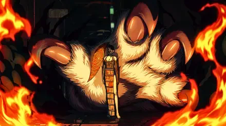5K Ultra HD PC desktop Chainsaw Man wallpaper: Reze stands before the Fox Devil's massive flaming paw, dramatic anime scene with roaring flames and a dark city backdrop.