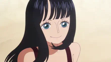 Anime HD PC desktop wallpaper: One Piece's Nico Robin smiling with long black hair and bright blue eyes against a soft beige background.