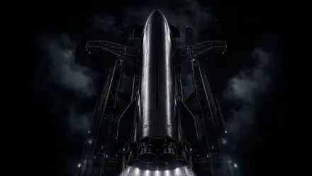 Starship (SpaceX) on the launch mount at night, engines glowing beneath a stainless-steel hull, framed by gantries and stormy clouds — 4K Ultra HD PC desktop wallpaper/background.