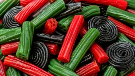 4K Ultra HD PC desktop wallpaper showing close-up of red, green, and black licorice twists and spiral candies in vivid detail.