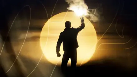 Silhouette of a figure holding a flare before a giant glowing sun with faint 007 graphics — HD PC desktop wallpaper for the video game 007: First Light.