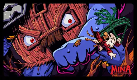 Minna the Hollower video game 4K Ultra HD PC desktop wallpaper background — Minna struggles against a giant wooden-faced monster with blue hands, red eyes, falling autumn leaves and twisted vines.
