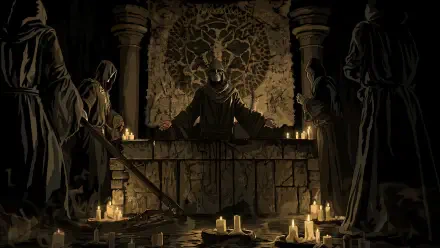 Zealot (Resident Evil) at a candlelit altar surrounded by robed cultists in a dark gothic ritual — 4K Ultra HD PC desktop wallpaper and background.