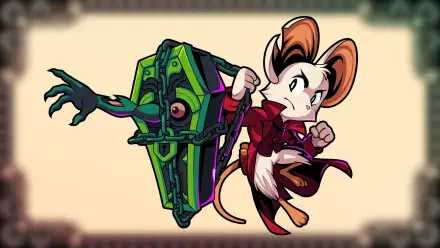 HD PC desktop wallpaper from the video game Minna The Hollower: cartoon mouse hero leaping beside a green ornate coffin-like relic on a soft bordered background.