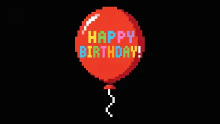 Pixel-art red birthday balloon with HAPPY BIRTHDAY! in colorful block letters on a black background — 4K Ultra HD PC desktop wallpaper.