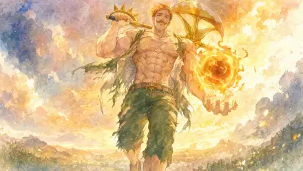 Escanor (The Seven Deadly Sins) 4K Ultra HD PC wallpaper — towering muscular Escanor bathed in golden light, holding a blazing sun orb above a glowing, cloud-filled landscape.