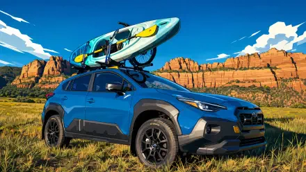 Blue Subaru with a roof-mounted kayak parked on grass before red sandstone cliffs under a vivid blue sky — 4K Ultra HD PC desktop wallpaper and background.