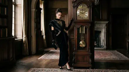 Elegant woman in a black gown leans against an ornate grandfather clock in a dim vintage parlor; 5K Ultra HD PC desktop wallpaper.