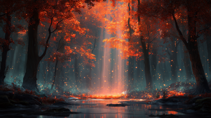 {{ HD PC desktop wallpaper: fantasy fall landscape with sunlight beams through a magical forest, fiery autumn leaves and glowing motes reflected in a still pool. 
