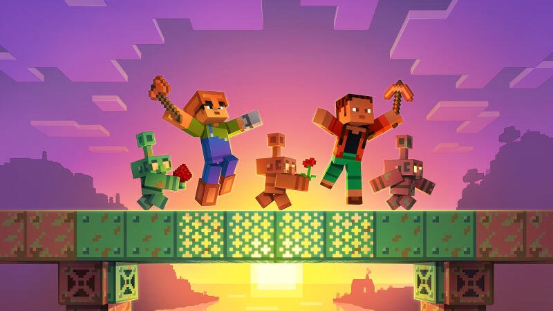 {{ HD PC desktop wallpaper and background: Minecraft video game gaming art of blocky heroes and mobs leaping across a glowing bridge at sunset, pickaxes raised against a purple-orange sky. 