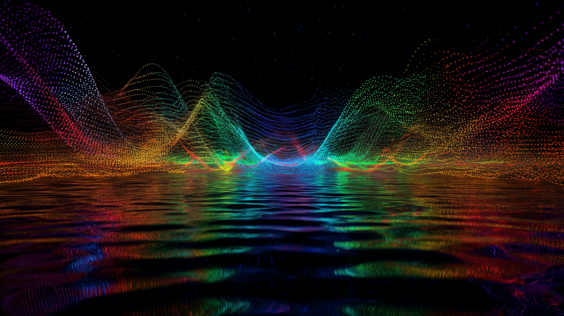 {{ 4K Ultra HD PC desktop wallpaper and background showing a glowing quantum field of multicolored particle waves forming peaks and valleys above reflective water on a dark backdrop. 