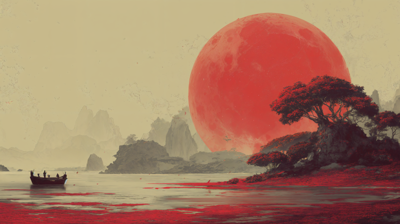 {{ 4K Ultra HD PC desktop wallpaper: crimson moon rising over misty islands, lone boat on red-reflective water and a windswept tree on a rocky shore.