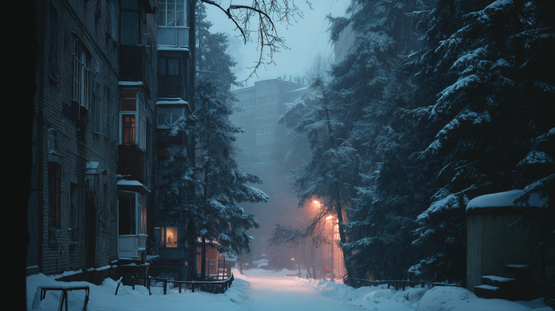 {{ Aesthetic winter scene: snow-covered alley between pines and brick buildings at dusk, warm lamplight — 4K Ultra HD PC desktop wallpaper and background.