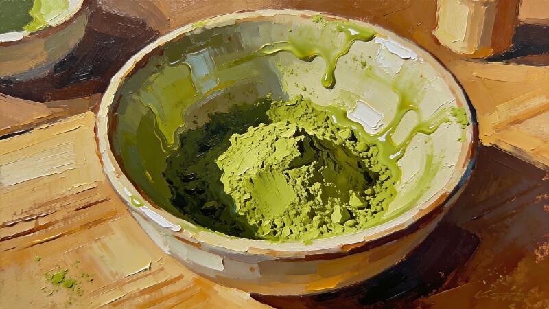 {{ Painterly 4K Ultra HD PC desktop wallpaper background of a ceramic bowl filled with vibrant green matcha powder on a wooden table. 