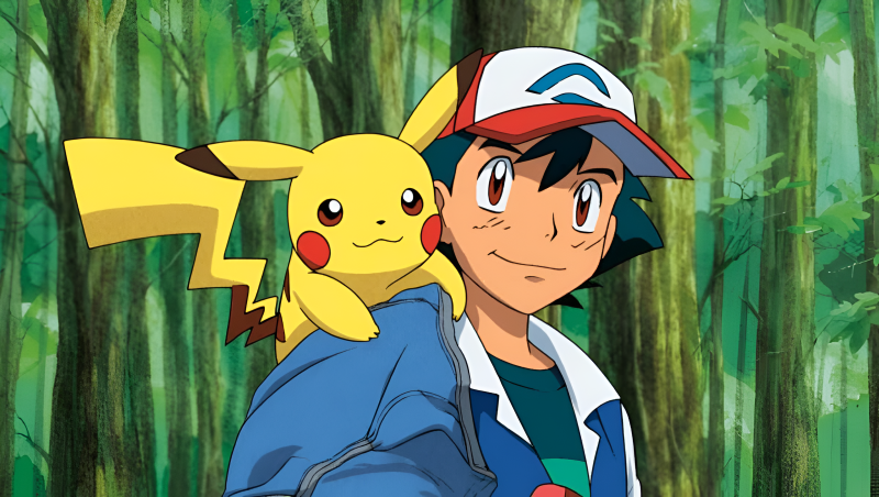 {{ Retro anime HD desktop wallpaper of Ash Ketchum with Pikachu on his shoulder, smiling in a forest, showing their best-friends bond. 