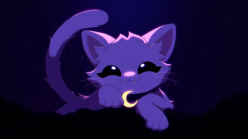 {{ Poppy Playtime CatNap video game wallpaper: cute purple kitten with crescent-moon collar curled in moonlit shadow — 2K Quad HD PC desktop background. 