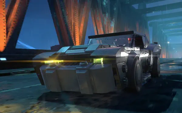 4K Ultra HD PC wallpaper of the Batmobile from the video game LEGO Batman: Legacy of the Dark Knight, an armored vehicle speeding through a neon-lit industrial tunnel