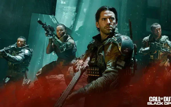 HD PC desktop wallpaper for the video game Call of Duty: Black Ops 7, featuring four armed soldiers in tactical gear amid green light and red smoke on a battlefield.