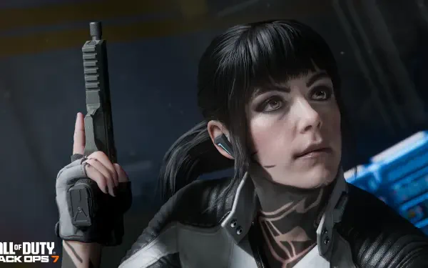Sci‑fi woman from the video game Call of Duty: Black Ops 7, holding a pistol in a futuristic combat suit — detailed 4K Ultra HD PC desktop wallpaper.